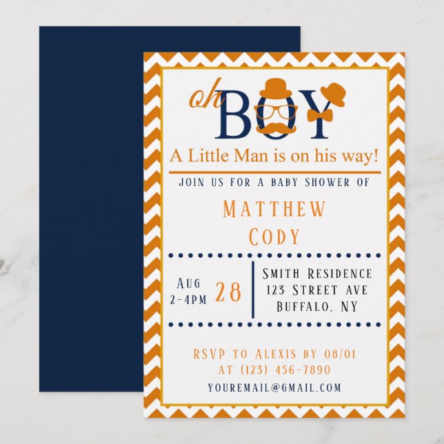 Oh Boy Orange och Blue Baby Shower Inbjudningar (Fram/baksida)