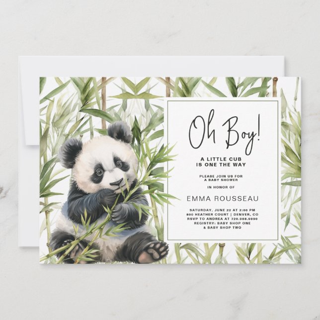 Oh Boy Panda Bear Bamboo Boy Shower Inbjudningar (Framsida)