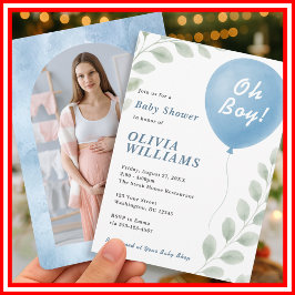 Oh Boy PHOTO Eucalyptus Blue Balloon Baby Shower  Inbjudningar