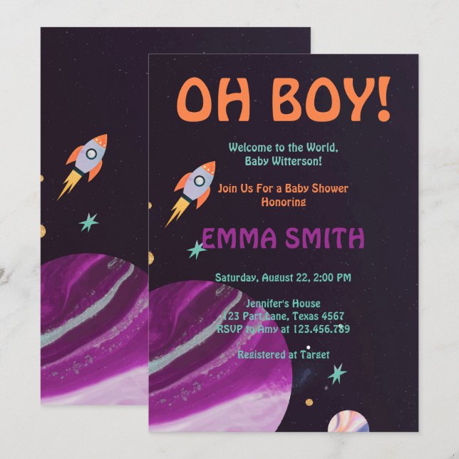 Oh Boy Planeter Yttre Rymden Baby Shower Inbjudan (Fram/baksida)