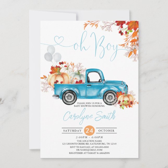 Oh Boy Pumpkin Blue Lastbil Fall Baby Shower Inbjudningar (Framsida)