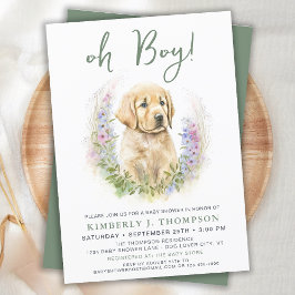Oh Boy Puppy Hund Modern Sage Grönt Baby Shower Inbjudningar