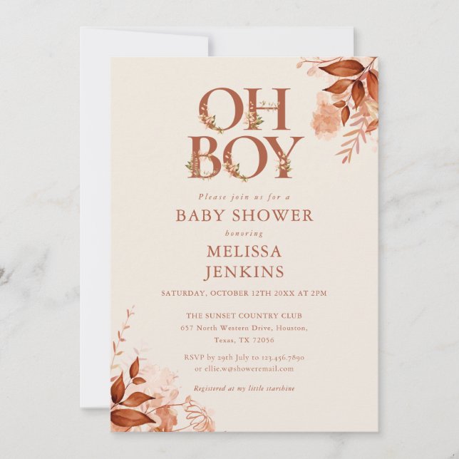 Oh Boy Rustic Blommigt Autumn Fall Baby Shower Inbjudningar (Framsida)