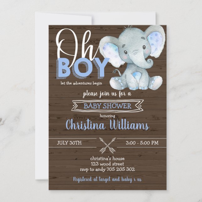 Oh Boy Rustic Elephant Pojke Wood Baby Shower Inbjudningar (Framsida)