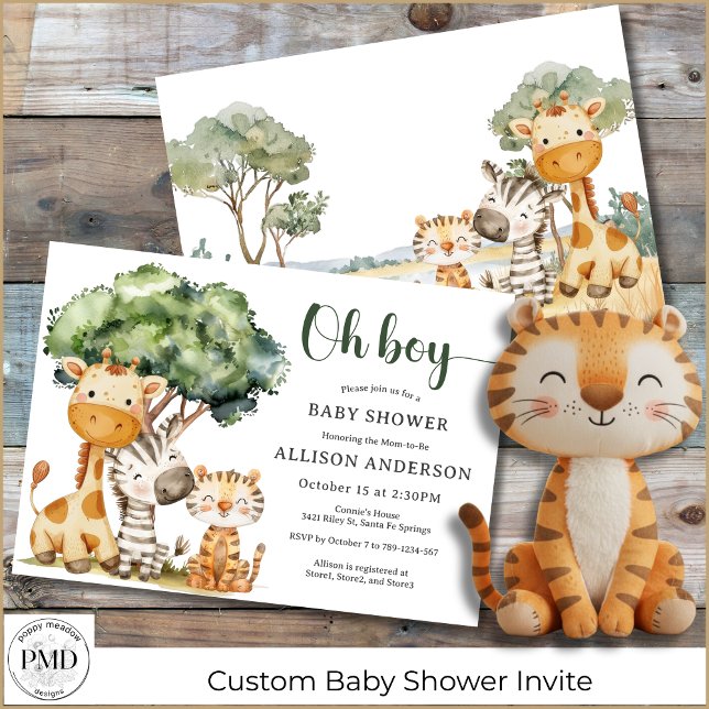 Oh Boy Safari Animal Baby Shower Inbjudningar (Oh Boy Safari Animal Watercolor Baby Shower Invitation with Giraffe, Zebra, Tiger, for mom or couple)