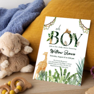 Oh Boy Safari Animal Jungle Greenery Baby Shower Inbjudningar