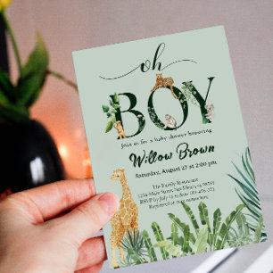 Oh Boy Safari Animal Jungle Greenery Baby Shower Inbjudningar