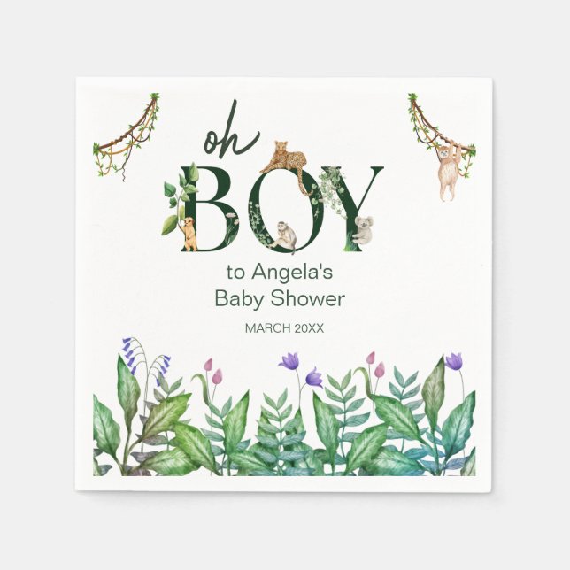 Oh boy Safari Animal Jungle Grönt Baby Shower Pappersservett (Framsidan)