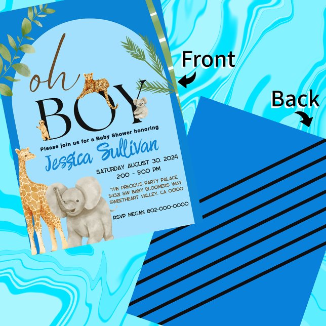 Oh Boy Safari Animal Shades of Blue Baby Shower Inbjudningar (Blue Safari Baby Shower Oh Boy Invite)