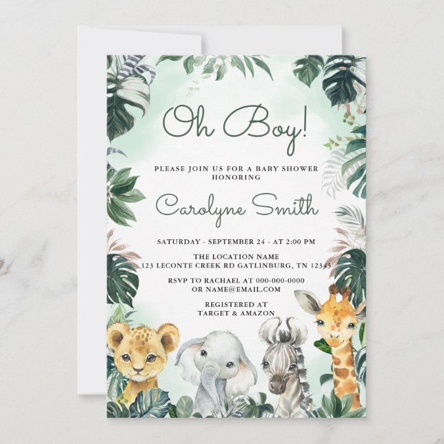 Oh Boy Safari Animals Baby Shower-inbjudan Inbjudningar (Framsida)