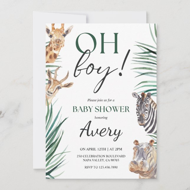 Oh Boy Safari Animals Baby Shower-inbjudan Inbjudningar (Framsida)