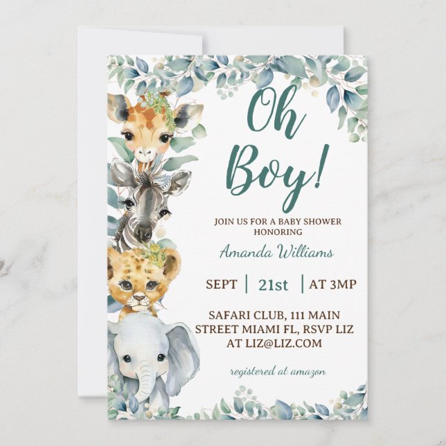 Oh Boy Safari Animals Baby Shower Inbjudningar (Framsida)