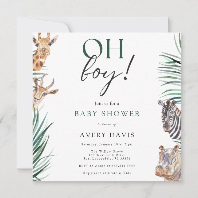 Oh Boy Safari Animals Baby Shower Square Inbjudningar (Framsida)