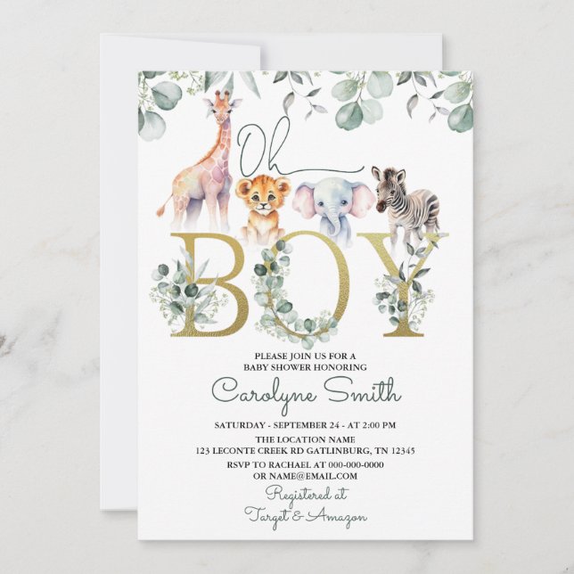 Oh Boy Safari Animals Greenery Baby Shower Inbjudningar (Framsida)