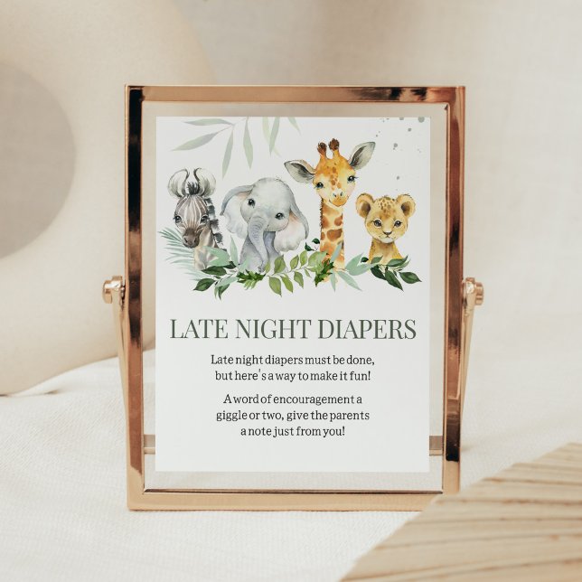 Oh Boy Safari Baby Shower Late Night Diaper Poster (Jungle Safari Baby Shower Late Night Diapers Sign)