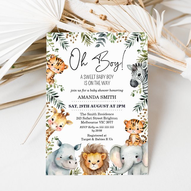 Oh Boy Safari Foliage Baby Shower-inbjudan Inbjudningar (Safari themed baby shower invitation for a baby boy featuring seven cute jungle animals and foliage.)