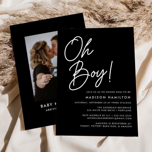 Oh Boy Script Black and White Photo Baby Shower Inbjudningar (Skapare uppladdad)