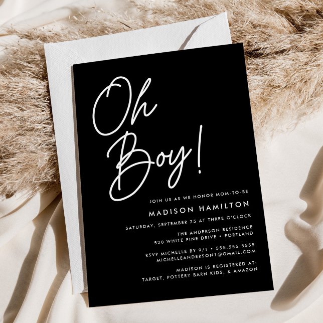 Oh Boy Script Black Minimalist Baby Shower Inbjudningar (Skapare uppladdad)