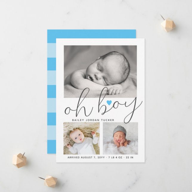Oh Boy Script Blue Heart Collage Photo Birth Meddelande (Fram/Back In Situ)