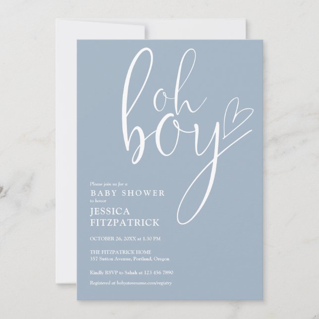 Oh Boy Script Heart Dammig blå pojke Baby Shower Inbjudningar (Framsida)