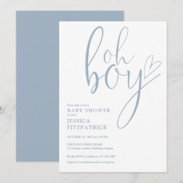 Oh Boy Script Heart Dusty Blue Boy Baby Shower Inbjudningar