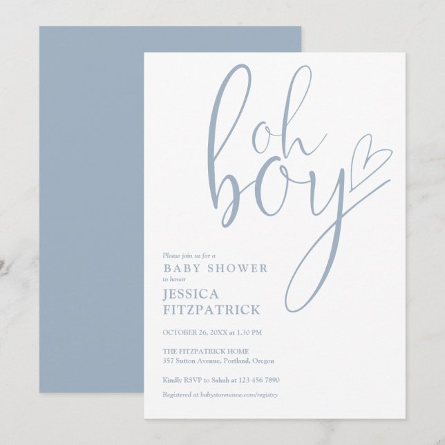 Oh Boy Script Heart Dusty Blue Boy Baby Shower Inbjudningar (Fram/baksida)