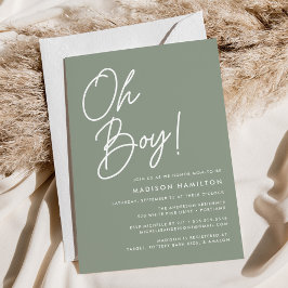 Oh Boy Script Sage Grönt minimalist Baby Shower Inbjudningar