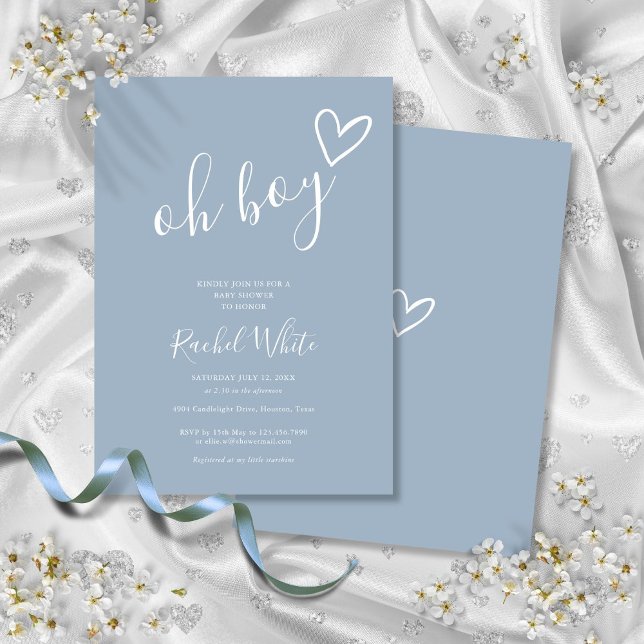Oh Boy Shower Heart Dusty Blue Minimalist Inbjudningar (Oh Boy Shower Heart Dusty Blue Minimalist Invitation)
