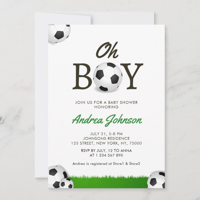 Oh Boy Soccer Balls Grass Player Coach Baby Shower Spara Datumet (Framsida)