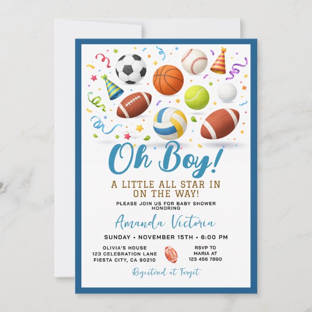 Oh Boy Sport Baby Shower Inbjudan (Framsida)
