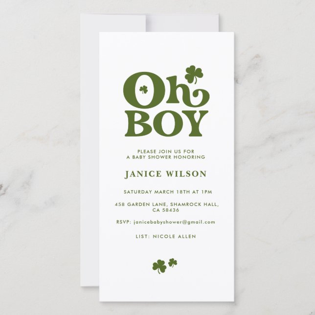 Oh Boy St. Patrick's Day Baby Shower Digital Evite Meddelande (Framsida)