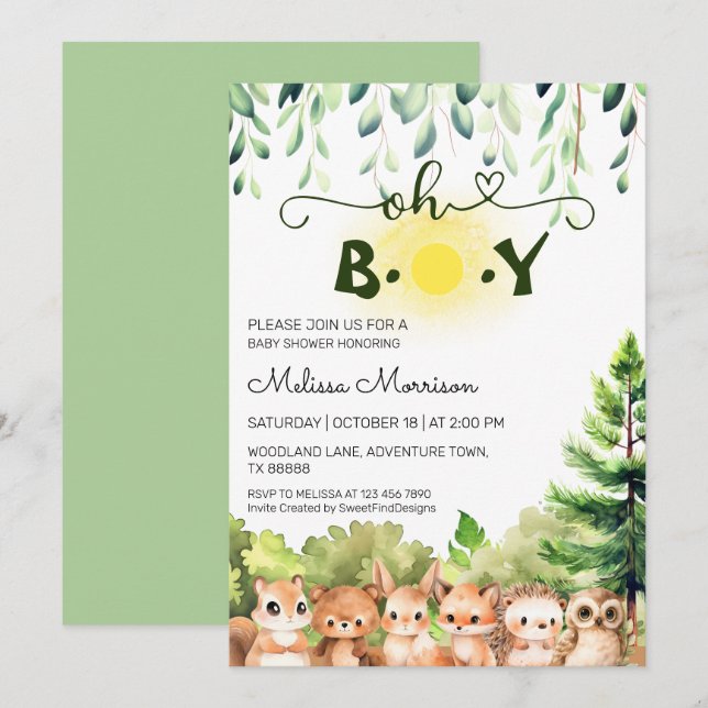 Oh Boy Sunny Woodland Baby Shower Inbjudningar (Fram/baksida)