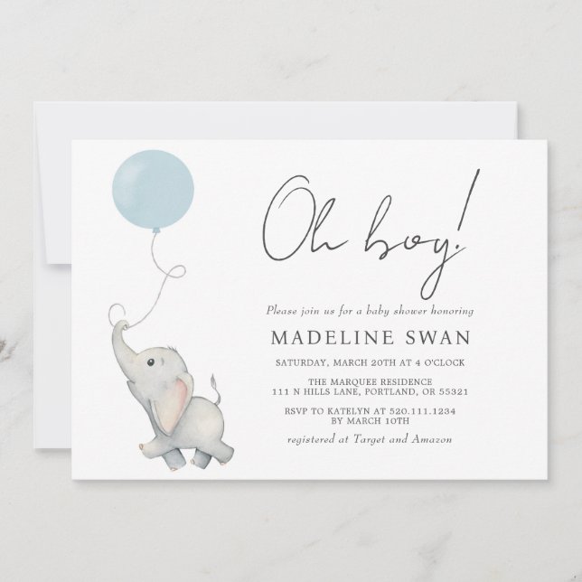 Oh Boy Sweet Elephant Baby Shower-inbjudan Inbjudningar (Framsida)