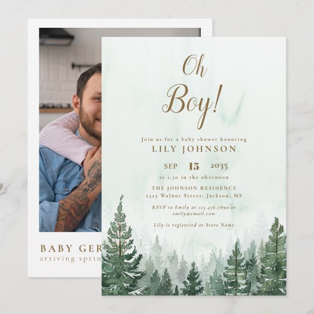 Oh Boy Tallskog Baby Shower Foto QR-kod Inbjudningar (Fram/baksida)