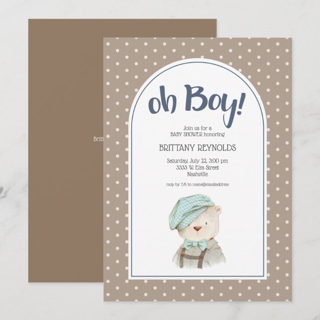 Oh Boy Tan Polka Nalle Baby Shower Inbjudningar (Fram/baksida)