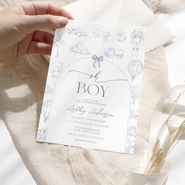 Oh Boy Toile De Jouy Blå Barnkalas  Inbjudningar (Skapare uppladdad)