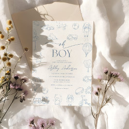 Oh Boy Toile De Jouy Blue Baby Shower Inbjudningar