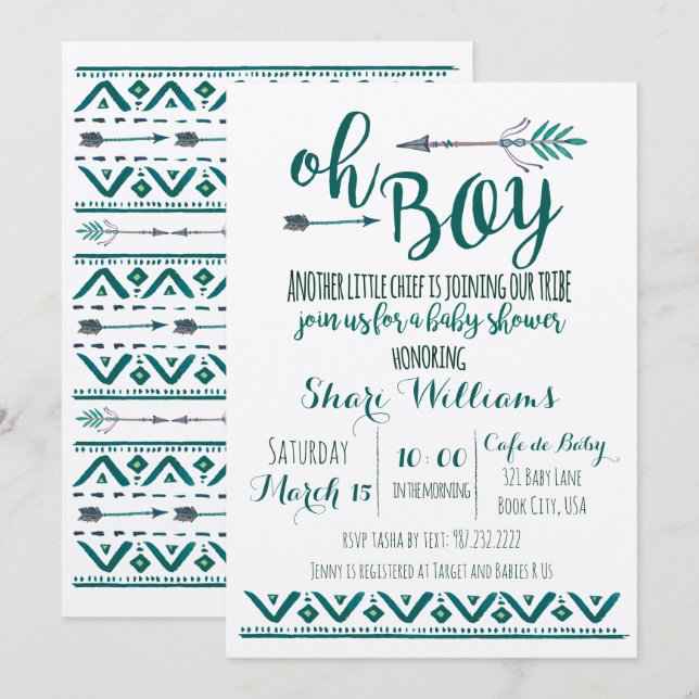 Oh Boy Tribal Baby Shower-inbjudan - Grönt Inbjudningar (Fram/baksida)