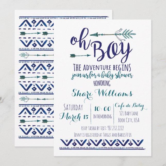 Oh Boy Tribal Baby Shower-inbjudan - TEAL-ANPASSNI Inbjudningar (Fram/baksida)