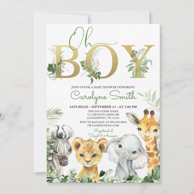 Oh Boy Tropical Jungle Animals Baby Shower Inbjudningar (Framsida)