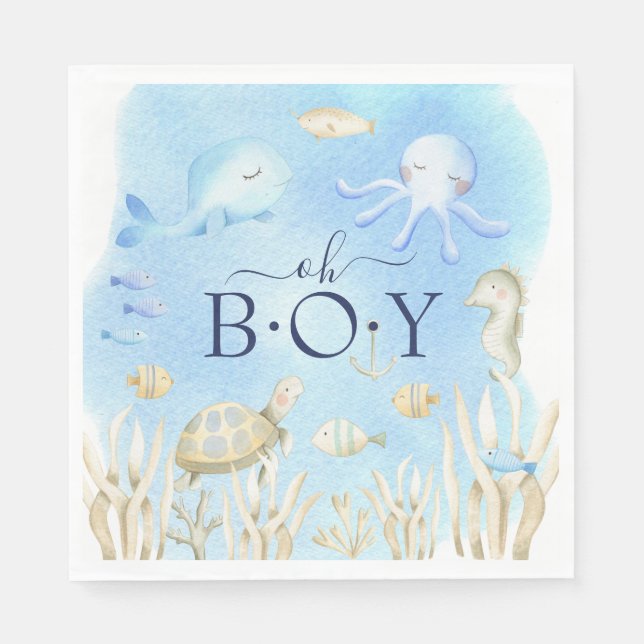 Oh Boy under Sea Baby Shower Papper Napkins Pappersservett (Framsidan)