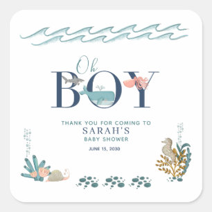 Oh Boy under Sea Baby Shower Tack Fyrkantigt Klistermärke