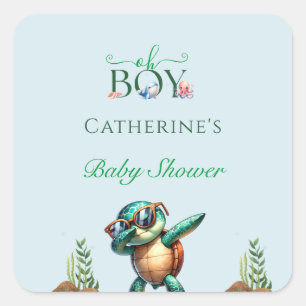 Oh Boy under Sea Turtle Baby Shower Fyrkantigt Klistermärke