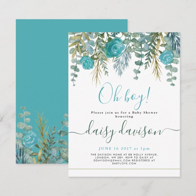 Oh Boy Vattencolor blommigt Baby Shower-inbjudan (Fram/baksida)