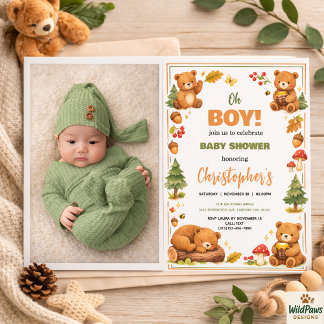Oh Boy Vattenfärg Skogsbjörn Baby Shower Inbjudningar