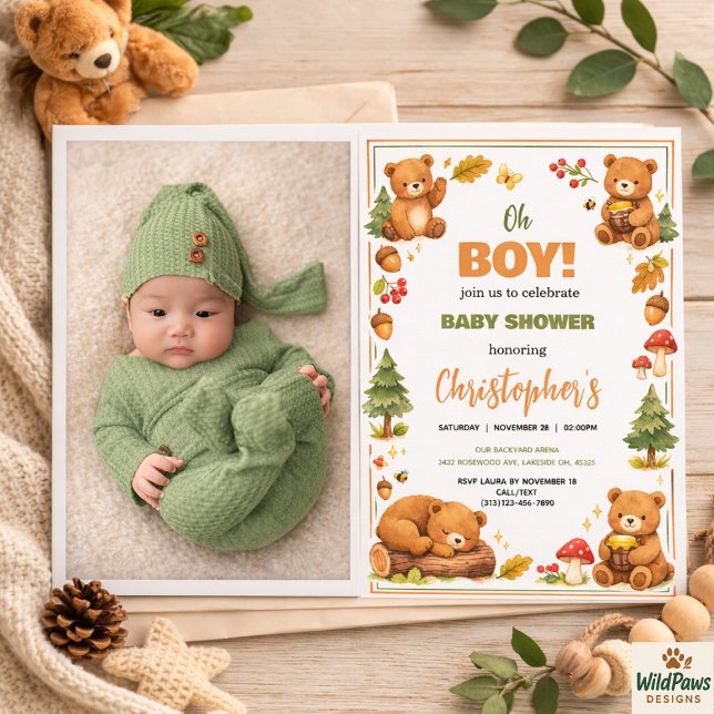 Oh Boy Vattenfärg Skogsbjörn Baby Shower Inbjudningar (Oh Boy Watercolor Woodland Bear Baby Shower Invitation)