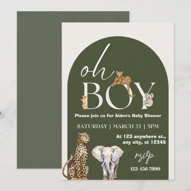 Oh Boy Vild One Animals Boy Baby Shower Inbjudningar (Fram/baksida)