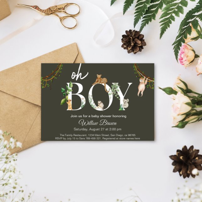 Oh Boy Vild Safari Animal Jungle Boy Shower Inbjudningar (Oh Boy Safari animal jungle baby shower card)