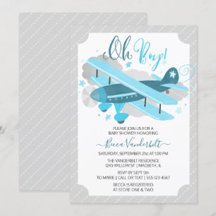 Oh Boy Vintage Airplan Baby Shower Blue and Grått Inbjudningar