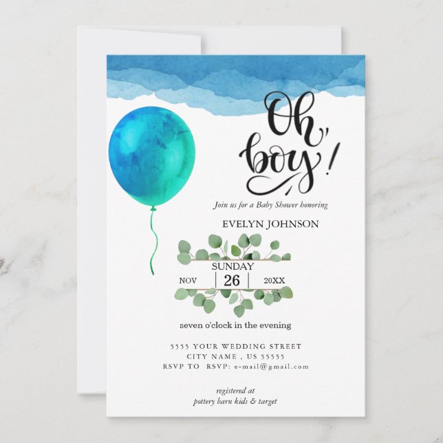 Oh Boy Watercolor blue clouds Baby Shower Inbjudningar (Framsida)